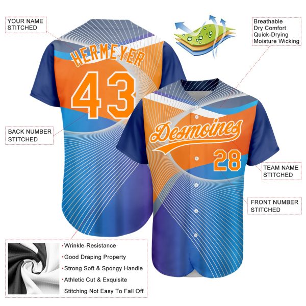 Custom Light Blue Bay Orange-White 3D Pattern Design Abstract Sport Authentic Baseball Jersey - Image 3