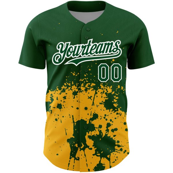 Custom Green Gold-White 3D Pattern Design Abstract Splash Grunge Art Authentic Baseball Jersey - Image 2