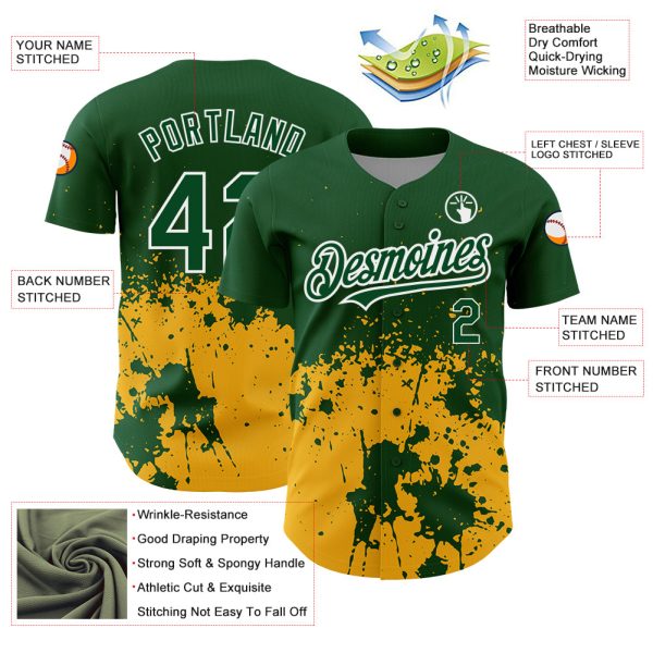 Custom Green Gold-White 3D Pattern Design Abstract Splash Grunge Art Authentic Baseball Jersey - Image 3