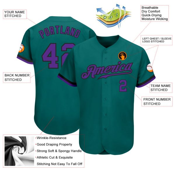 Custom Teal Purple-Black Authentic Baseball Jersey - Image 3