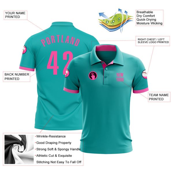 Custom Aqua Pink Performance Golf Polo Shirt - Image 3