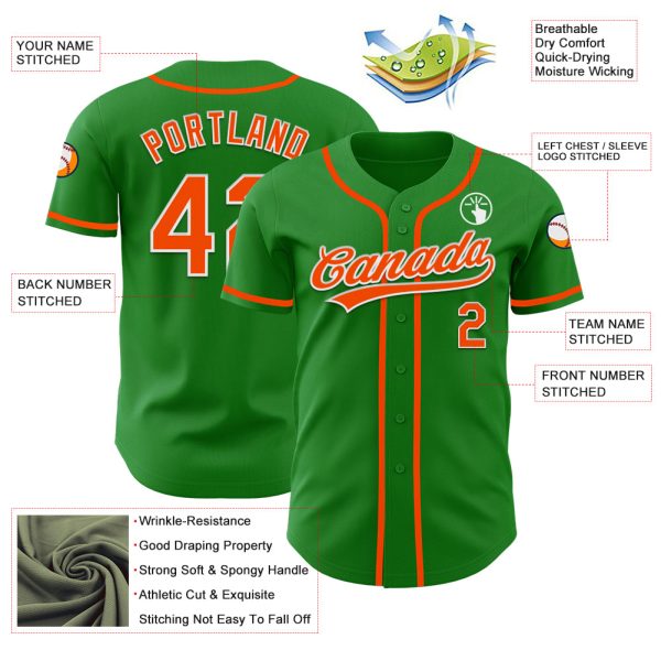 Custom Grass Green Orange-White Authentic Baseball Jersey - Image 3