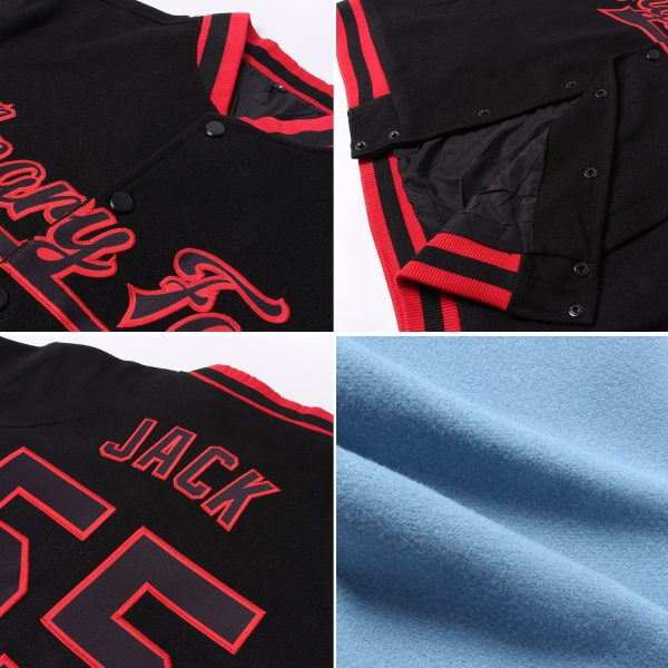 Custom Light Blue Gold-Black Bomber Full-Snap Varsity Letterman Jacket - Image 2