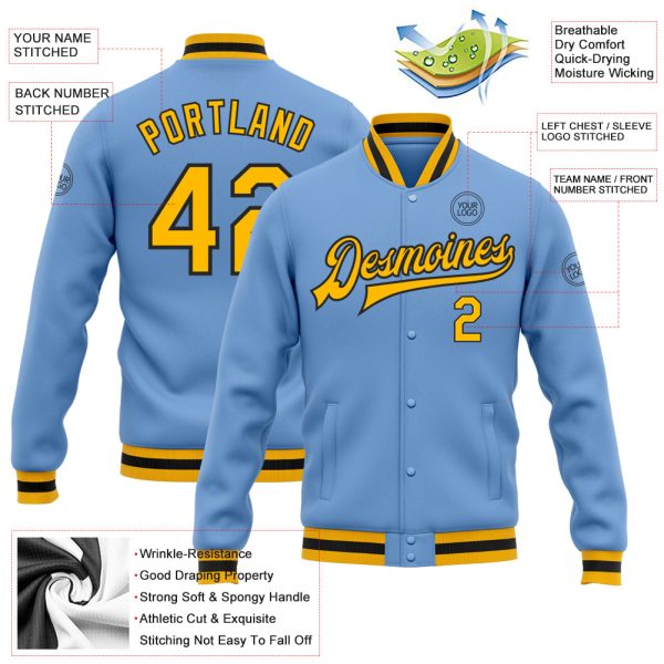 Custom Light Blue Gold-Black Bomber Full-Snap Varsity Letterman Jacket - Image 3