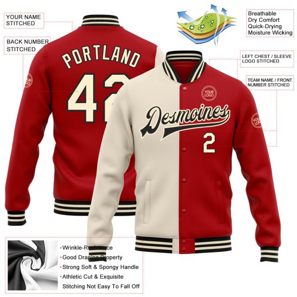 Custom Red Cream-Black Bomber Full-Snap Varsity Letterman Split Fashion Jacket - Image 3