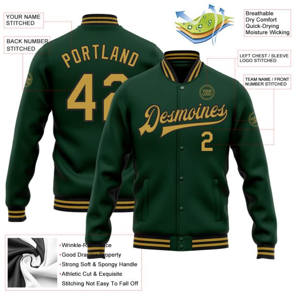 Custom Green Old Gold-Black Bomber Full-Snap Varsity Letterman Jacket - Image 3