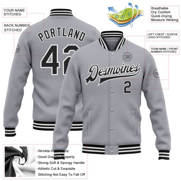 Custom Gray Black-White Bomber Full-Snap Varsity Letterman Jacket - Image 3