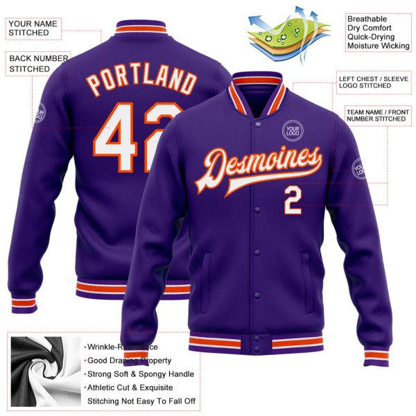 Custom Purple White-Orange Bomber Full-Snap Varsity Letterman Jacket - Image 3