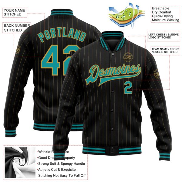 Custom Black Old Gold Pinstripe Teal Bomber Full-Snap Varsity Letterman Jacket - Image 3