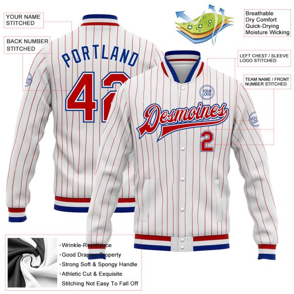 Custom White Red Pinstripe Royal Bomber Full-Snap Varsity Letterman Jacket - Image 3