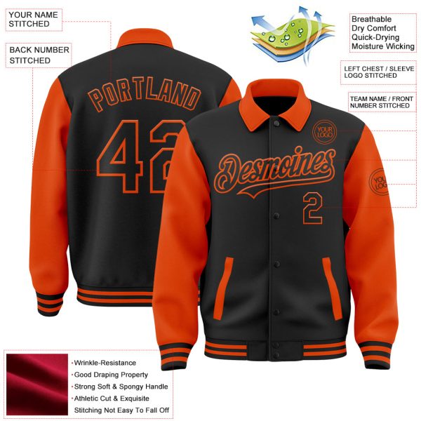 Custom Black Orange Bomber Full-Snap Varsity Letterman Two Tone Lapel Collar Byron Jacket - Image 3
