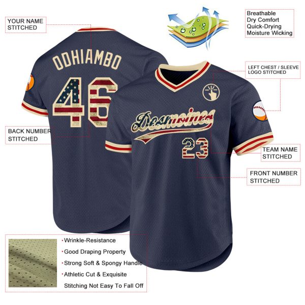 Custom Navy Vintage USA Flag Cream-Red Authentic Throwback Baseball Jersey - Image 3