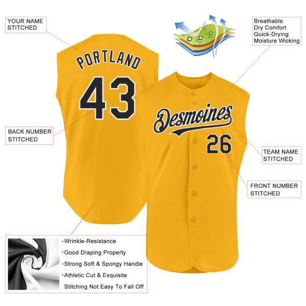 Custom Gold Black-White Authentic Sleeveless Baseball Jersey - Image 2