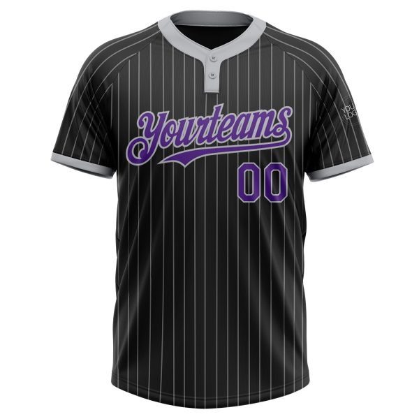 Custom Black Gray Pinstripe Purple Two-Button Unisex Softball Jersey - Image 2