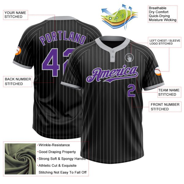 Custom Black Gray Pinstripe Purple Two-Button Unisex Softball Jersey - Image 3