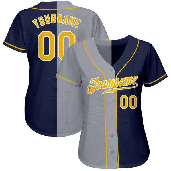 Custom Navy Gold-Gray Authentic Split Fashion Baseball Jersey - Image 2
