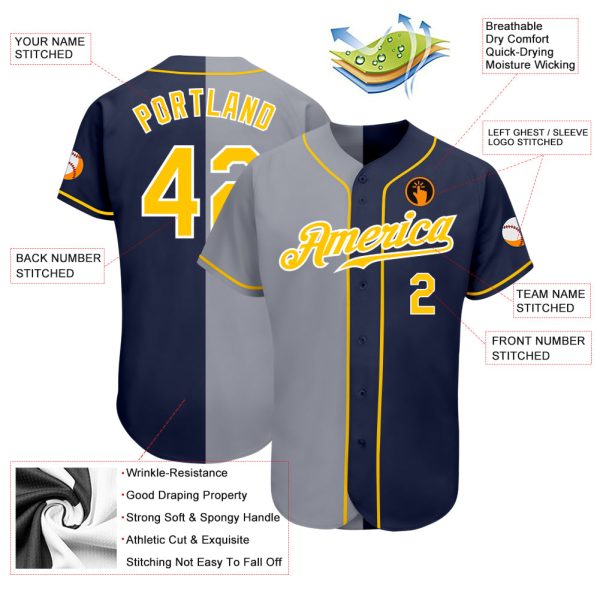Custom Navy Gold-Gray Authentic Split Fashion Baseball Jersey - Image 3